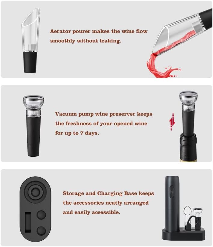 VGY Rechargeable Electric Wine Opener, 5 in 1 set with Automatic Electric Wine Bottle Corkscrew Opener, Foil Cutter, Vacuum Stopper, Wine Pourer and Storage Charging Stand - Image 3